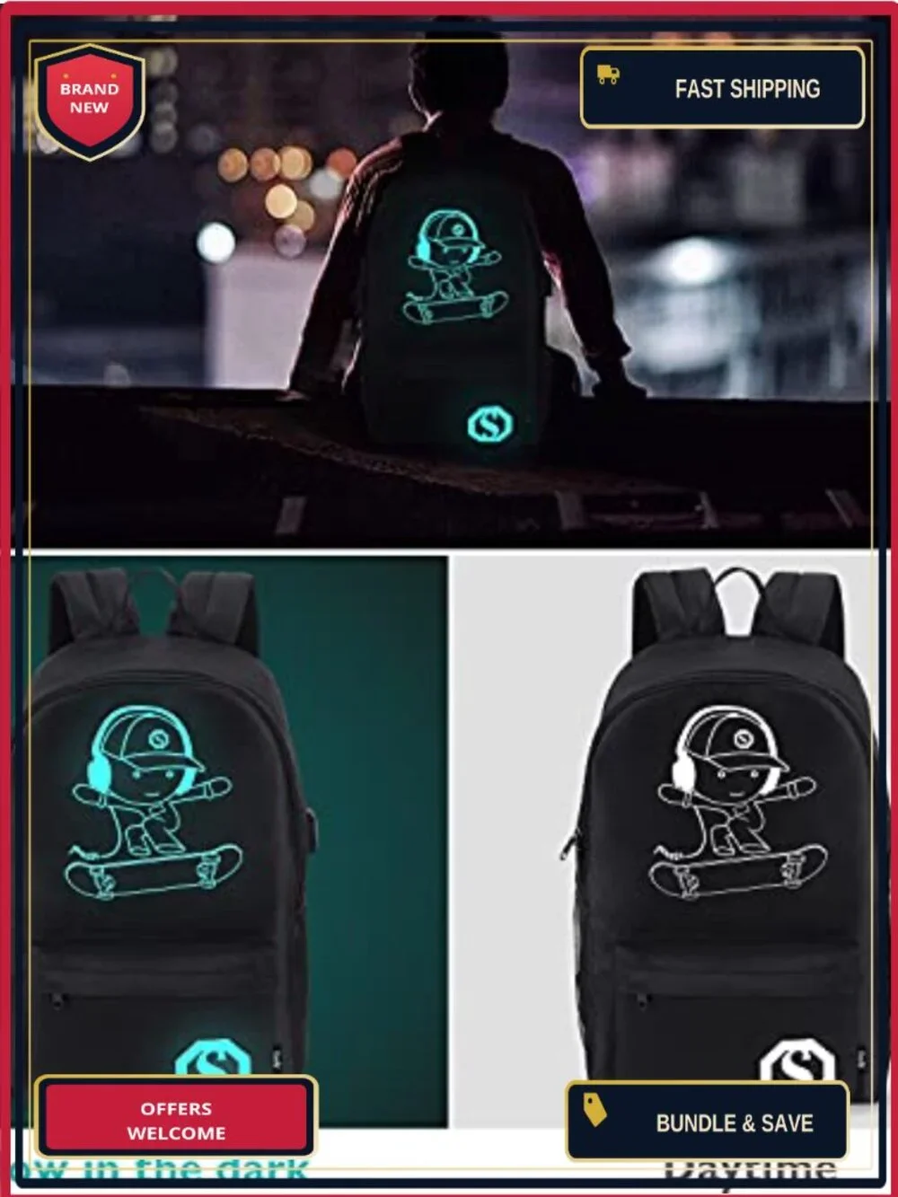 Anime Luminous School Backpack with USB Port, Anti-Theft Lock, Sling Bag &